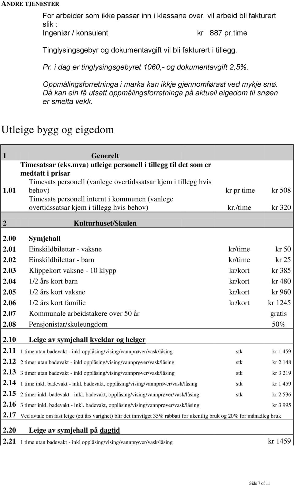 Då kan ein få utsatt oppmålingsforretninga på aktuell eigedom til snøen er smelta vekk. Utleige bygg og eigedom 1 Generelt Timesatsar (eks.