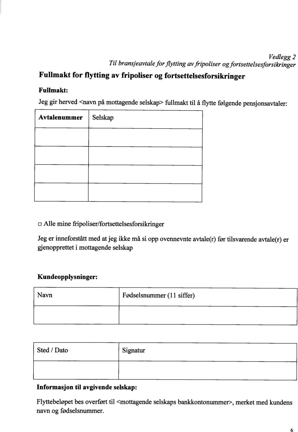 inneforstått med at jeg ikke må si opp ovennevnte avtale(r) før tilsvarende avtale(r) er gjenopprettet i mottagende selskap Kundeopplysninger: Navn Fødselsnummer (11