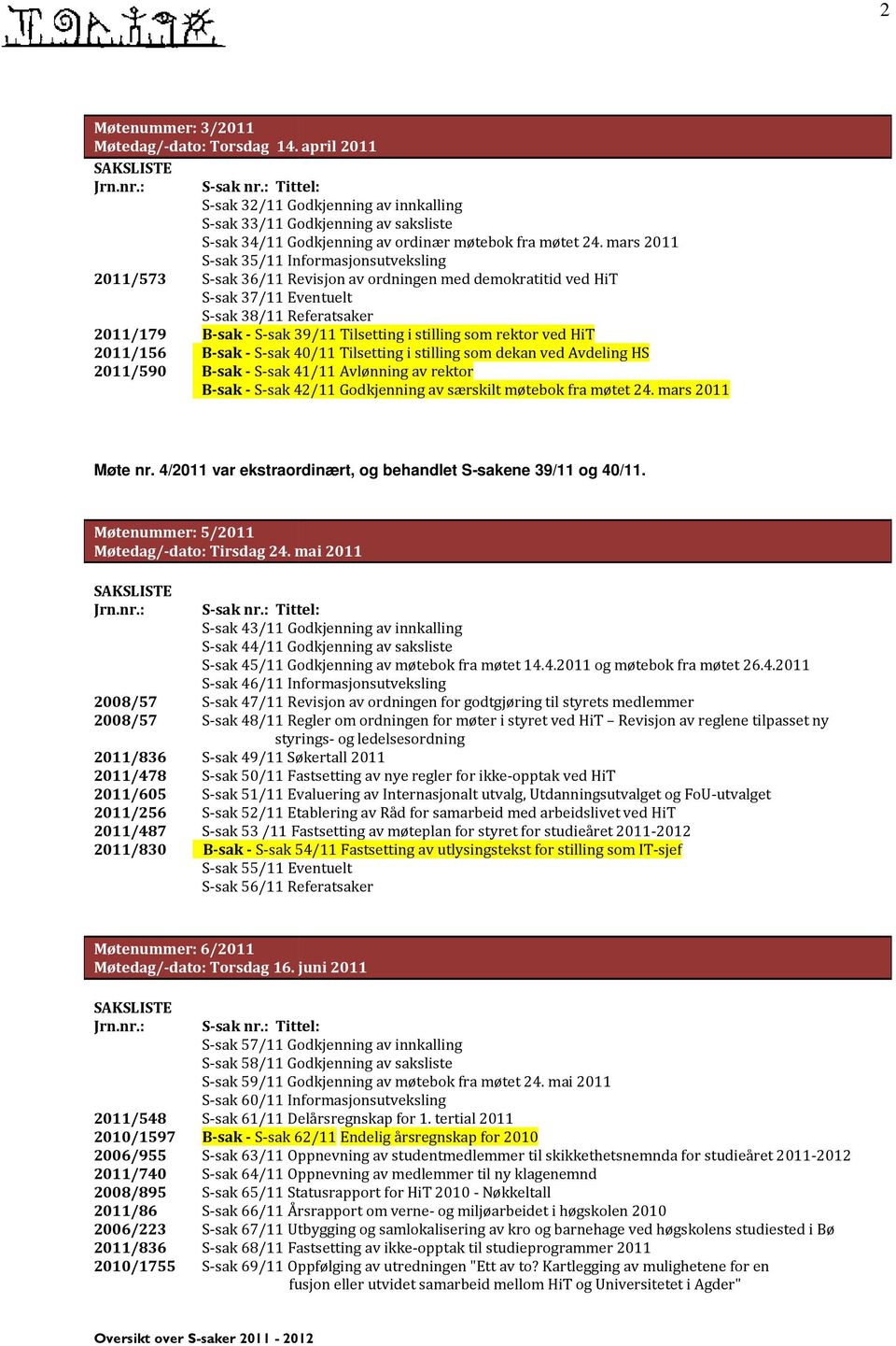 i stilling som rektor ved HiT 2011/156 sak B-sak - S-sak 40/11 Tilsetting i stilling som dekan ved Avdeling HS 2011/590 sak B-sak - S-sak 41/11 Avlønning av rektor sak B-sak - S-sak 42/11 Godkjenning