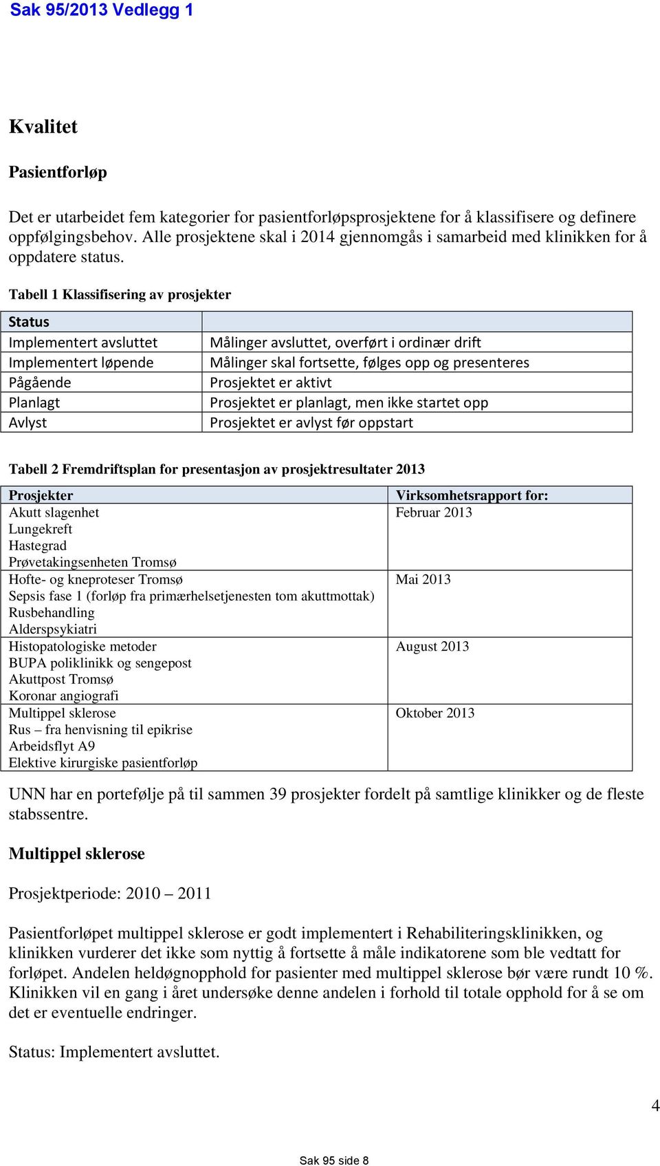 Tabell 1 Klassifisering av prosjekter Status Implementert avsluttet Implementert løpende Pågående Planlagt Avlyst Målinger avsluttet, overført i ordinær drift Målinger skal fortsette, følges opp og