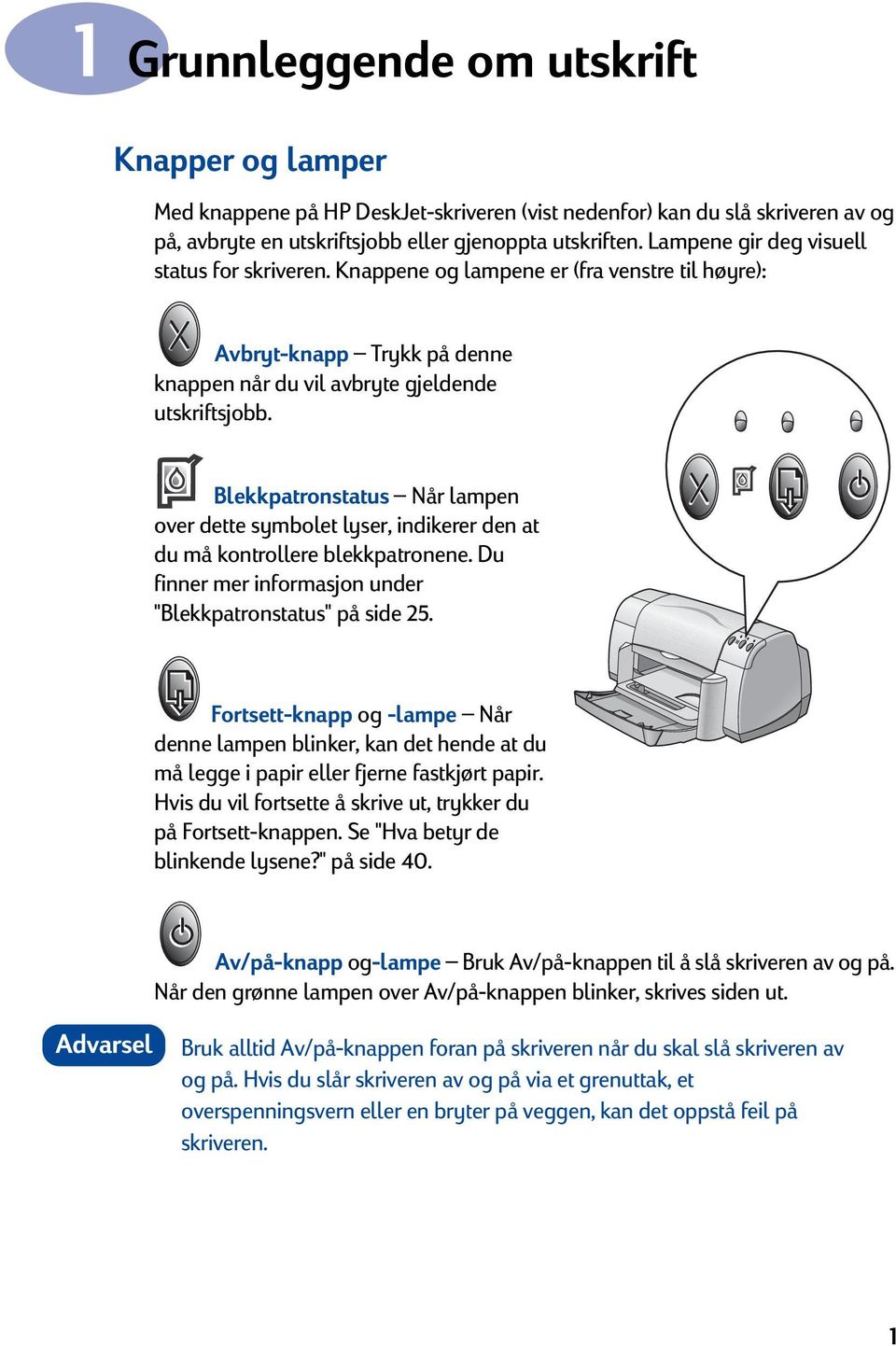 Blekkpatronstatus Når lampen over dette symbolet lyser, indikerer den at du må kontrollere blekkpatronene. Du finner mer informasjon under "Blekkpatronstatus" på side 25.