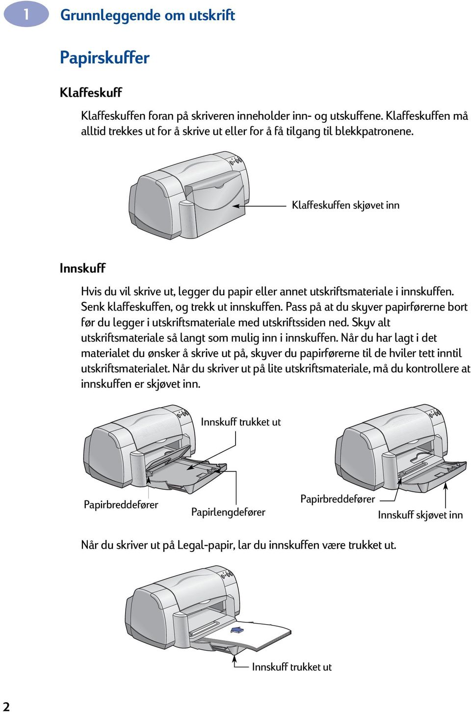 Klaffeskuffen skjøvet inn Innskuff Hvis du vil skrive ut, legger du papir eller annet utskriftsmateriale i innskuffen. Senk klaffeskuffen, og trekk ut innskuffen.