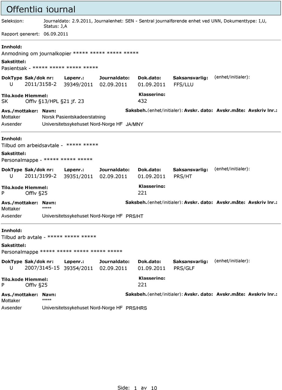 : Mottaker Norsk asientskadeerstatning niversitetssykehuset Nord-Norge HF JA/MNY Tilbud om arbeidsavtale - ***** ***** ersonalmappe - ***** ***** ***** 2011/3199-2 39351/2011 RS/HT Avs.