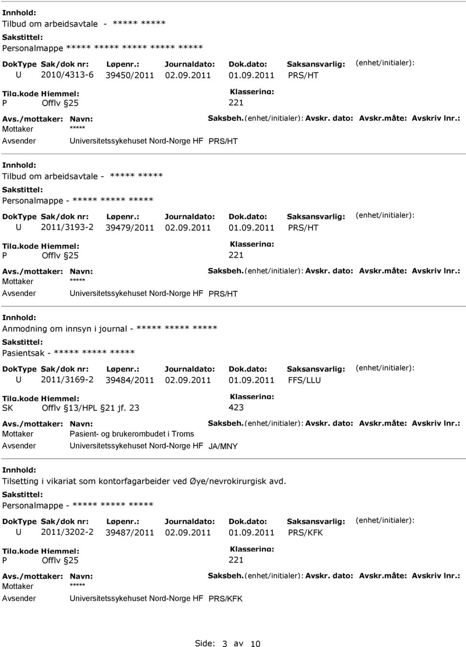 måte: Avskriv lnr.: niversitetssykehuset Nord-Norge HF RS/HT Anmodning om innsyn i journal - ***** ***** ***** asientsak - ***** ***** ***** 2011/3169-2 39484/2011 FFS/LL 423 Avs.