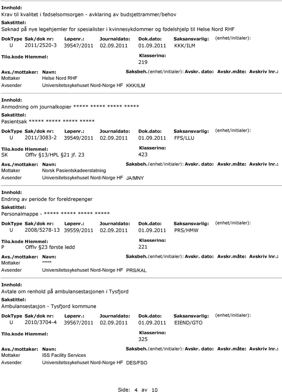 : Mottaker Helse Nord RHF niversitetssykehuset Nord-Norge HF KKK/LM Anmodning om journalkopier ***** ***** ***** ***** asientsak ***** ***** ***** ***** 2011/3083-2 39549/2011 FFS/LL 423 Avs.