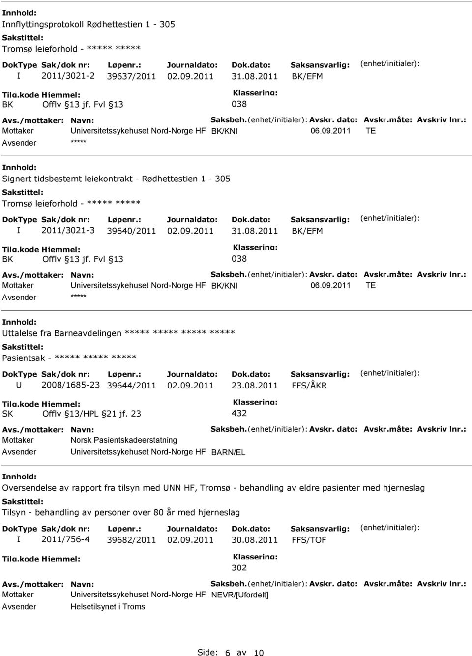 2011 TE ***** Signert tidsbestemt leiekontrakt - Rødhettestien 1-305 Tromsø leieforhold - ***** ***** 2011/3021-3 39640/2011 BK/EFM BK 038 Avs./mottaker: Navn: Saksbeh. Avskr. dato: Avskr.