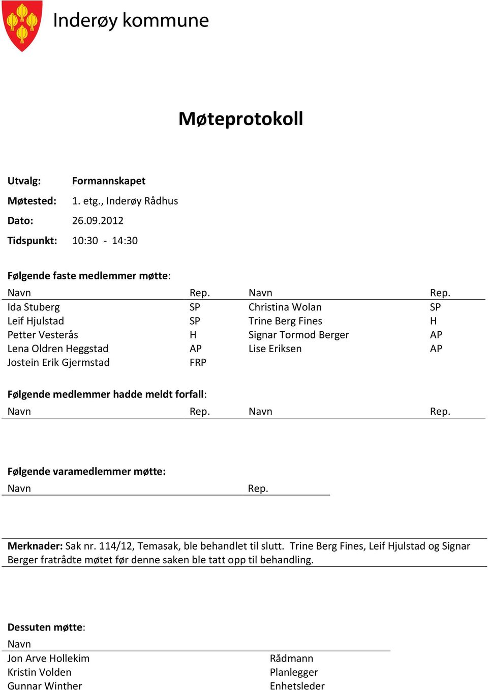 Ida Stuberg SP Christina Wolan SP Leif Hjulstad SP Trine Berg Fines H Petter Vesterås H Signar Tormod Berger AP Lena Oldren Heggstad AP Lise Eriksen AP Jostein Erik Gjermstad