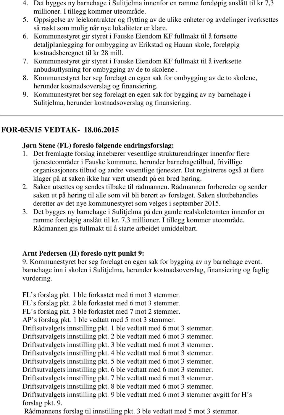 Kommunestyret gir styret i Fauske Eiendom KF fullmakt til å fortsette detaljplanlegging for ombygging av Erikstad og Hauan skole, foreløpig kostnadsberegnet til kr 28 mill. 7.