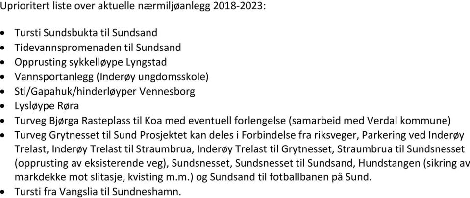 Prosjektet kan deles i Forbindelse fra riksveger, Parkering ved Inderøy Trelast, Inderøy Trelast til Straumbrua, Inderøy Trelast til Grytnesset, Straumbrua til Sundsnesset (opprusting