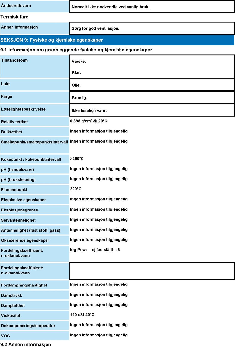 Relativ tetthet 0,898 g/cm³ @ 20 C Bulktetthet Smeltepunkt/smeltepunktsintervall Kokepunkt / kokepunktintervall ph (handelsvare) ph (bruksløsning) >250 C Flammepunkt 220 C Eksplosive egenskaper