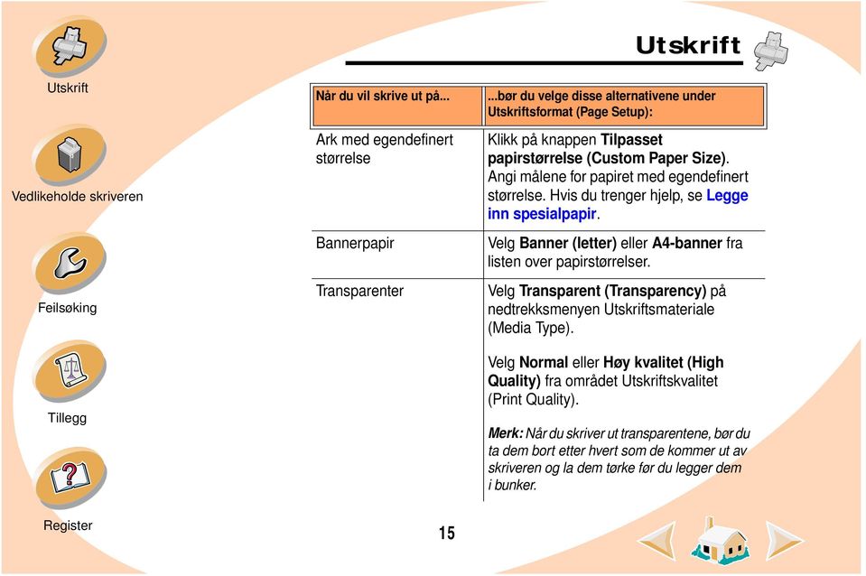 Angi målene for papiret med egendefinert størrelse. Hvis du trenger hjelp, se Legge inn spesialpapir. Velg Banner (letter) eller A4-banner fra listen over papirstørrelser.