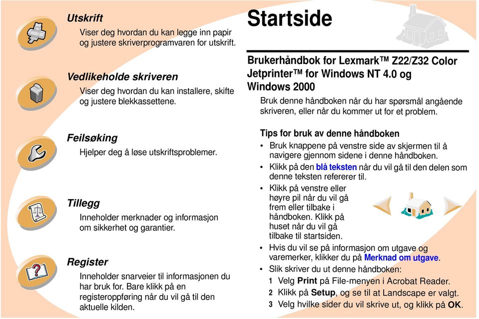 Klikk på den blå teksten når du vil gå til den delen som denne teksten refererer til. Klikk på venstre eller høyre pil når du vil gå frem eller tilbake i håndboken.