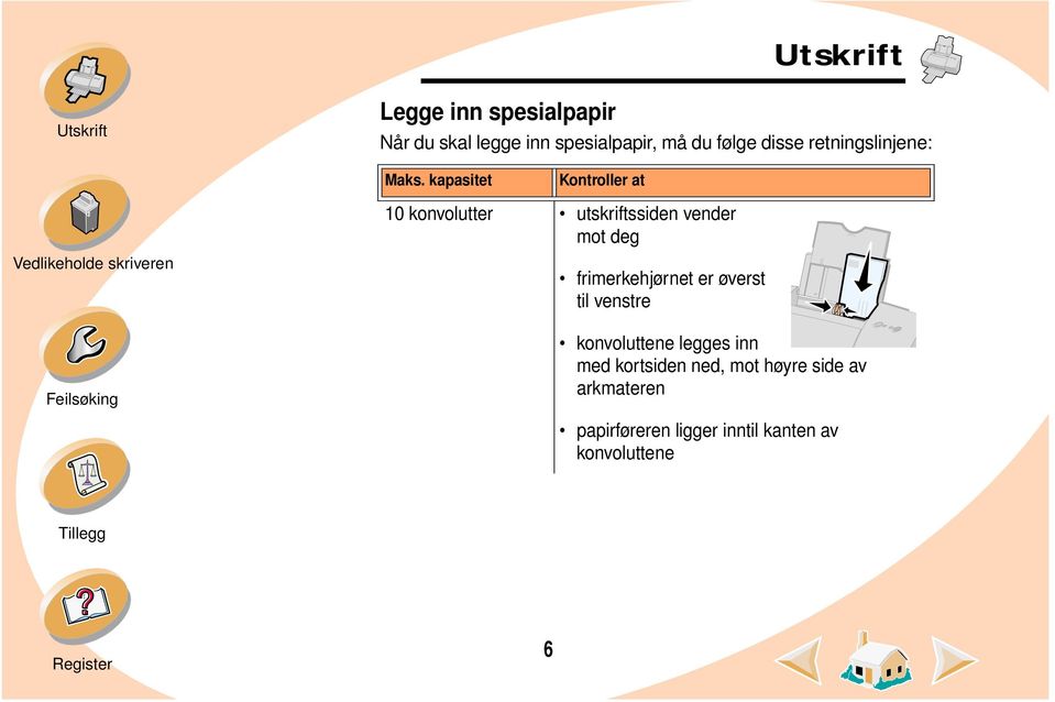 kapasitet Kontroller at 10 konvolutter utskriftssiden vender mot deg