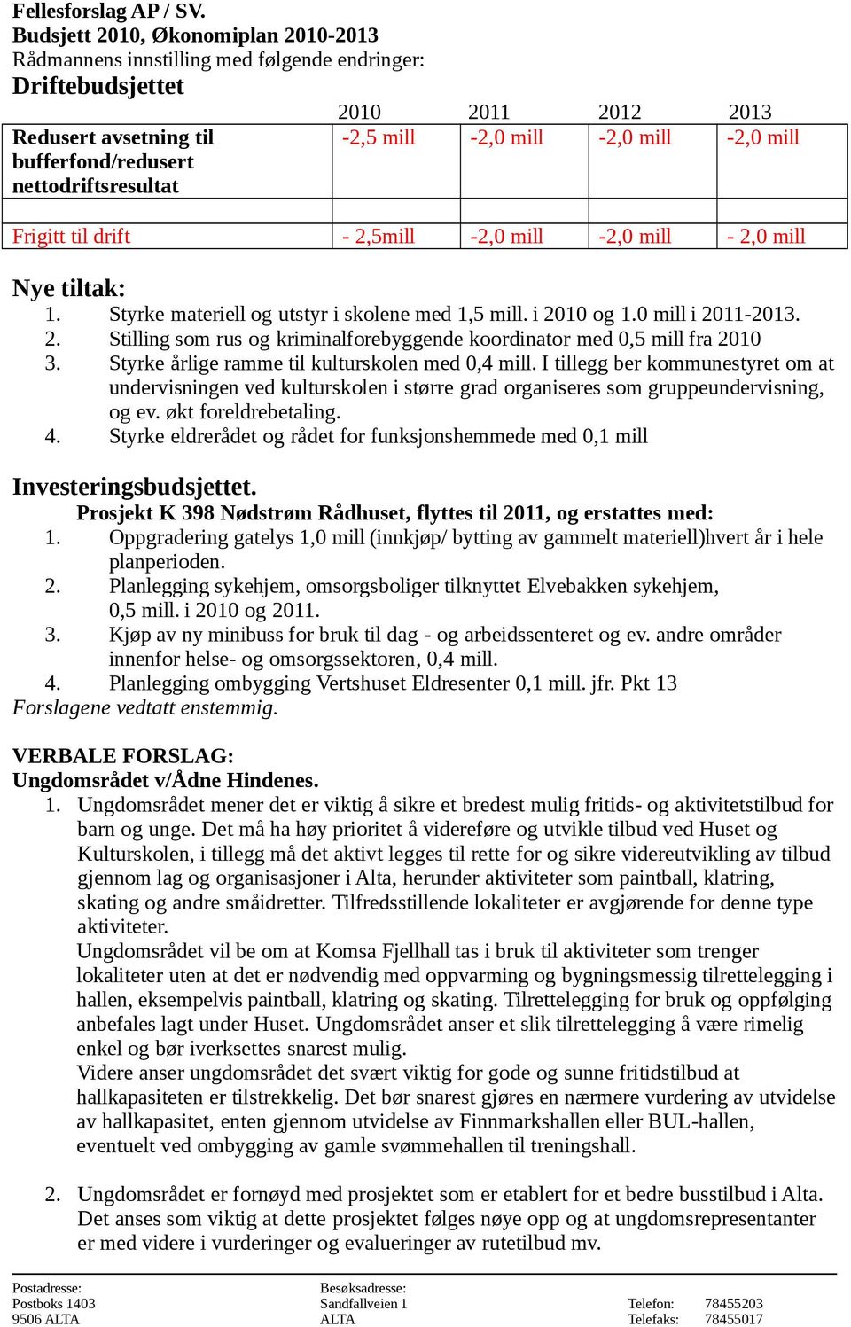 mill -2,0 mill -2,0 mill Frigitt til drift - 2,5mill -2,0 mill -2,0 mill - 2,0 mill Nye tiltak: 1. Styrke materiell og utstyr i skolene med 1,5 mill. i 2010 og 1.0 mill i 2011-2013. 2. Stilling som rus og kriminalforebyggende koordinator med 0,5 mill fra 2010 3.