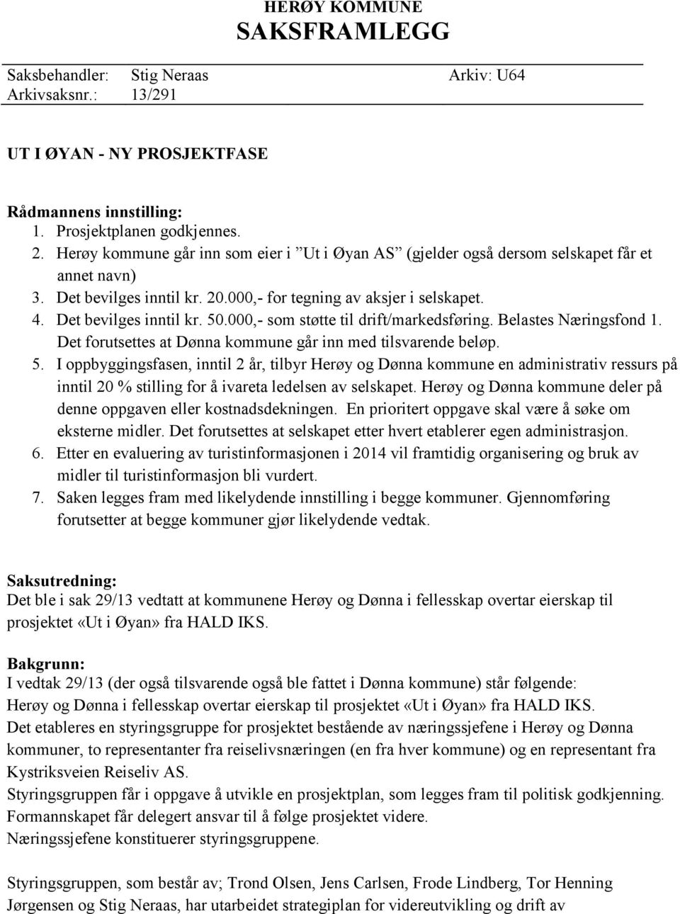 000,- som støtte til drift/markedsføring. Belastes Næringsfond 1. Det forutsettes at Dønna kommune går inn med tilsvarende beløp. 5.