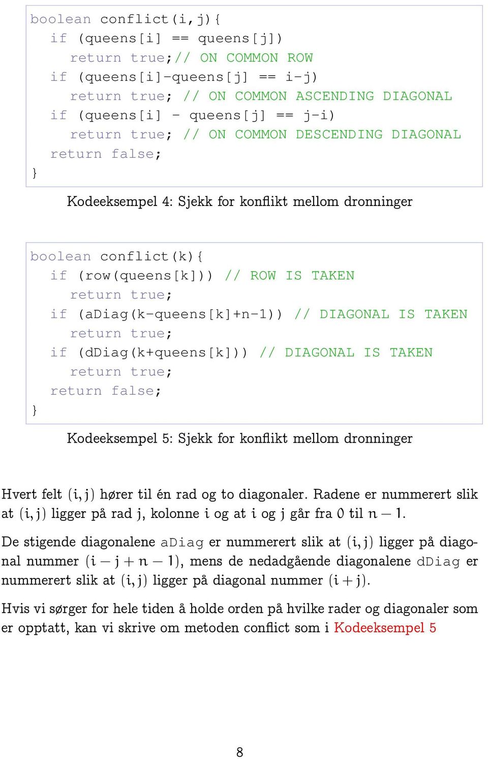 (adiag(k-queens[k]+n-1)) // DIAGONAL IS TAKEN return true; if (ddiag(k+queens[k])) // DIAGONAL IS TAKEN return true; return false; Kodeeksempel 5: Sjekk for konflikt mellom dronninger Hvert felt (i,