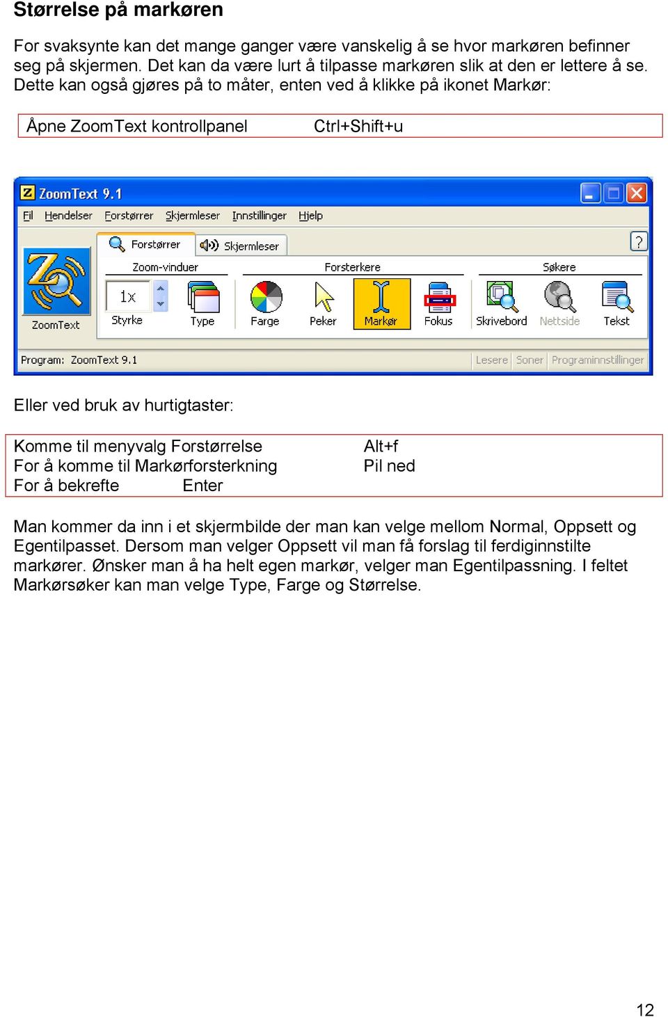 Dette kan også gjøres på to måter, enten ved å klikke på ikonet Markør: Åpne ZoomText kontrollpanel Ctrl+Shift+u Eller ved bruk av hurtigtaster: Komme til menyvalg Forstørrelse For