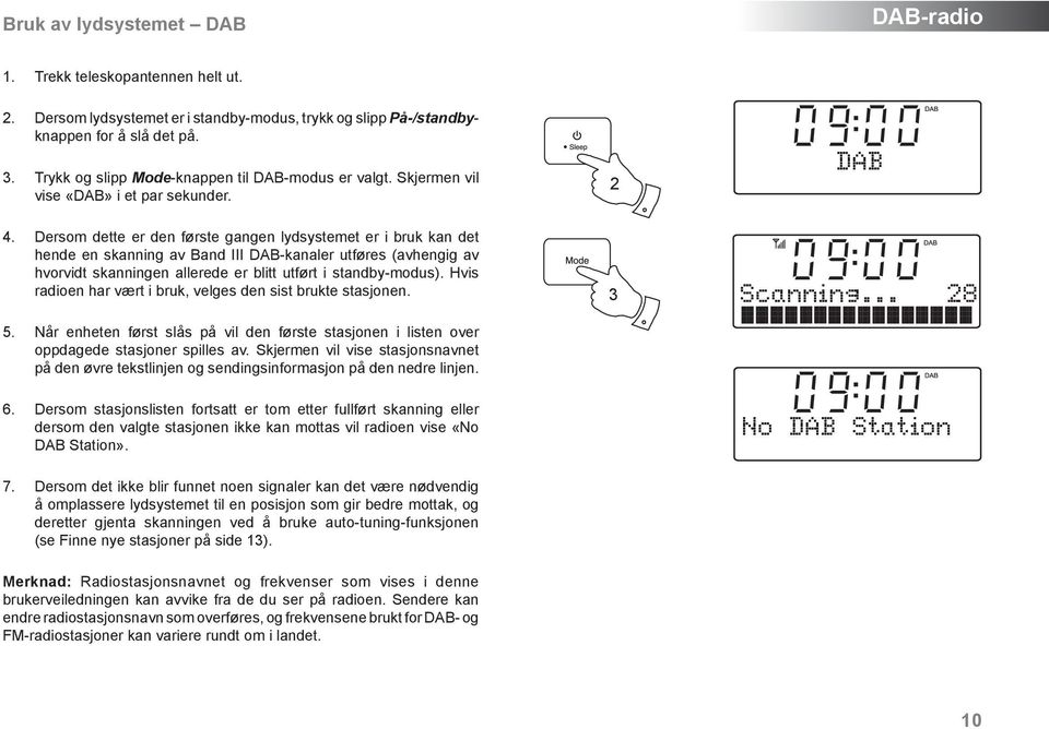 Dersom dette er den første gangen lydsystemet er i bruk kan det hende en skanning av Band III DAB-kanaler utføres (avhengig av hvorvidt skanningen allerede er blitt utført i standby-modus).