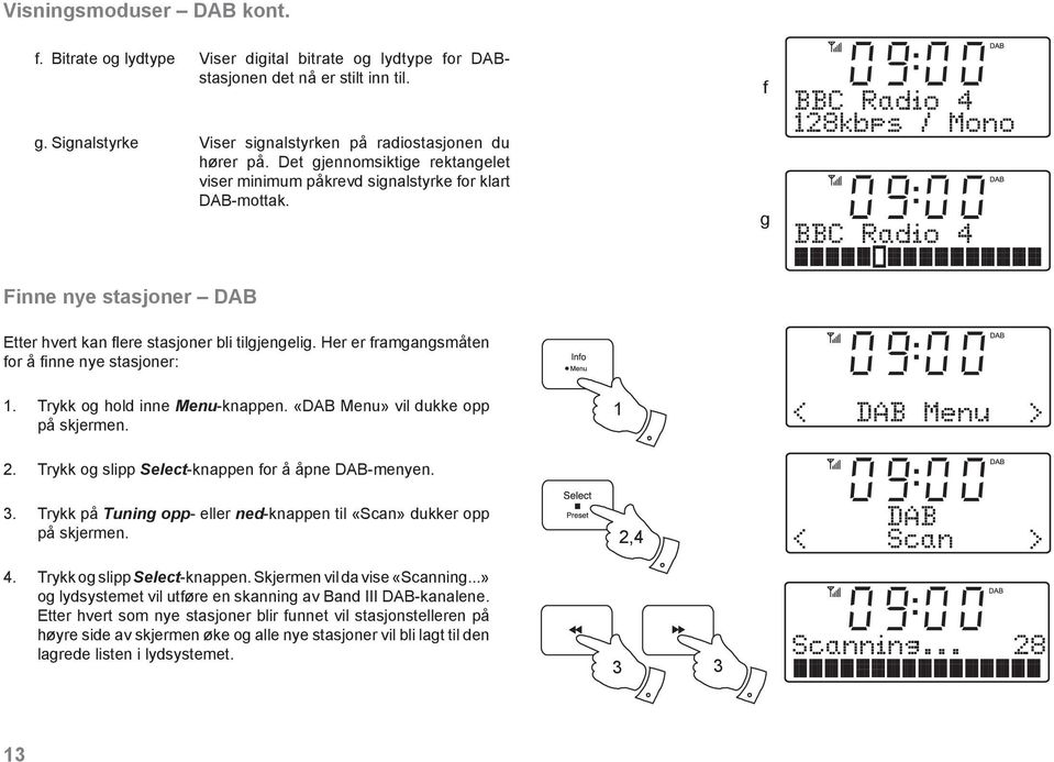 f g BBC Radio 4 28kbps / Mono BBC Radio 4 Finne nye stasjoner DAB Etter hvert kan fl ere stasjoner bli tilgjengelig. Her er framgangsmåten for å fi nne nye stasjoner:. Trykk og hold inne Menu-knappen.
