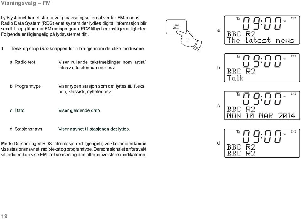 Radio text Viser rullende tekstmeldinger som artist/ låtnavn, telefonnummer osv. b. Programtype Viser typen stasjon som det lyttes til. F.eks. pop, klassisk, nyheter osv. b BBC R2 Talk c.