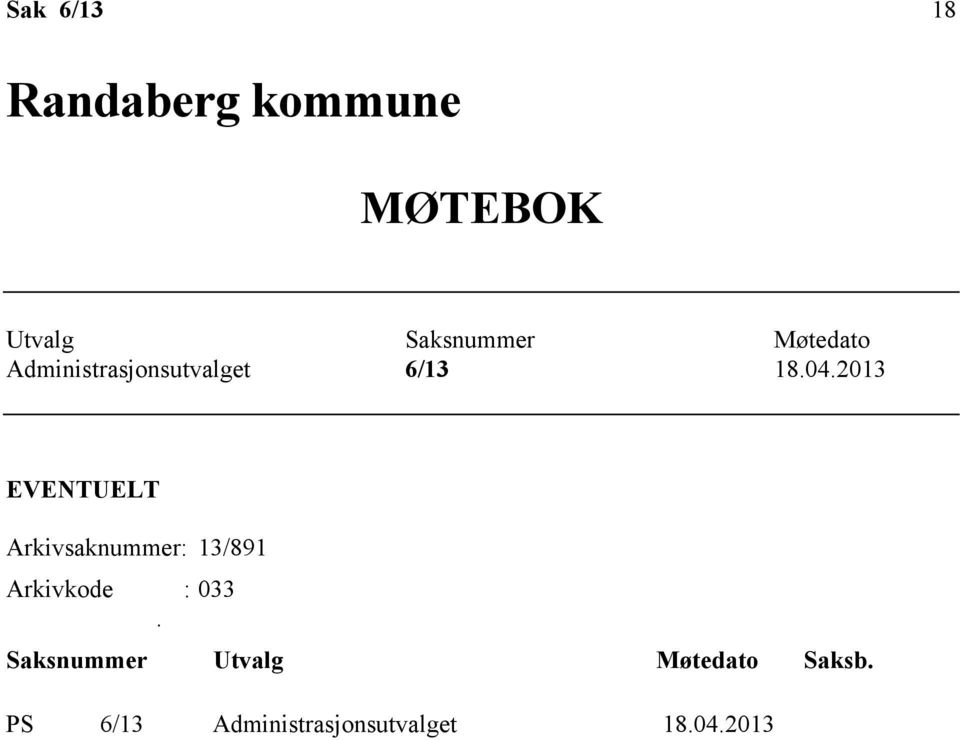 2013 EVENTUELT Arkivsaknummer: 13/891 Arkivkode : 033.