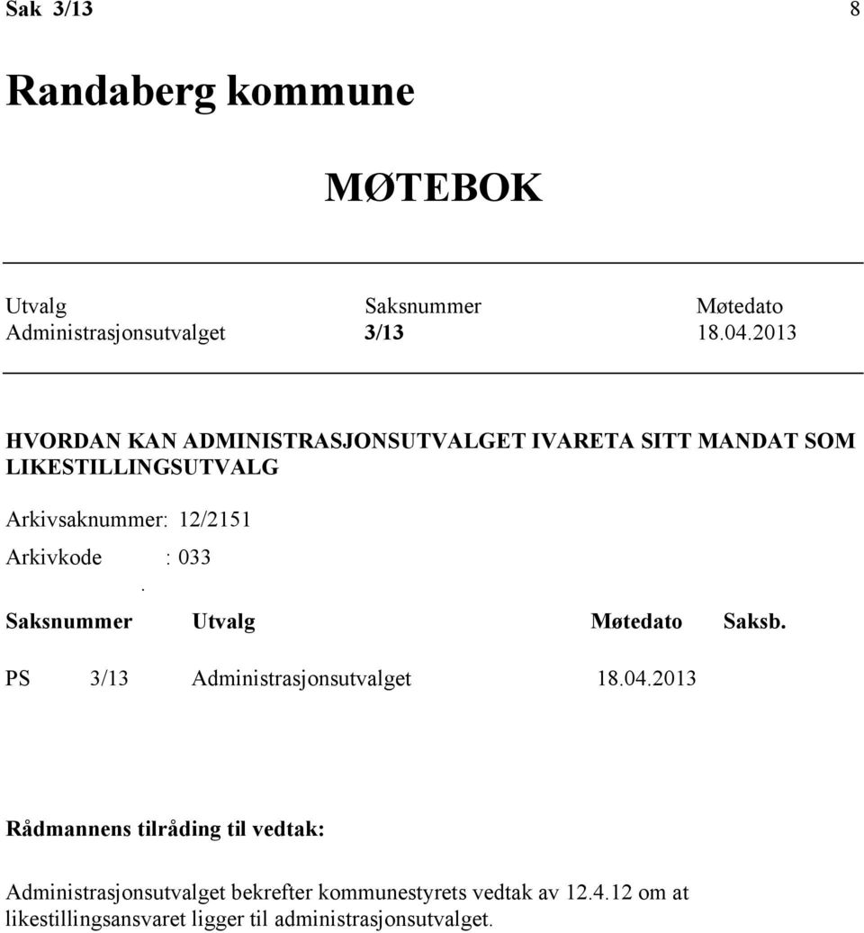 Arkivkode : 033. Saksnummer Utvalg Møtedato Saksb. PS 3/13 Administrasjonsutvalget 18.04.
