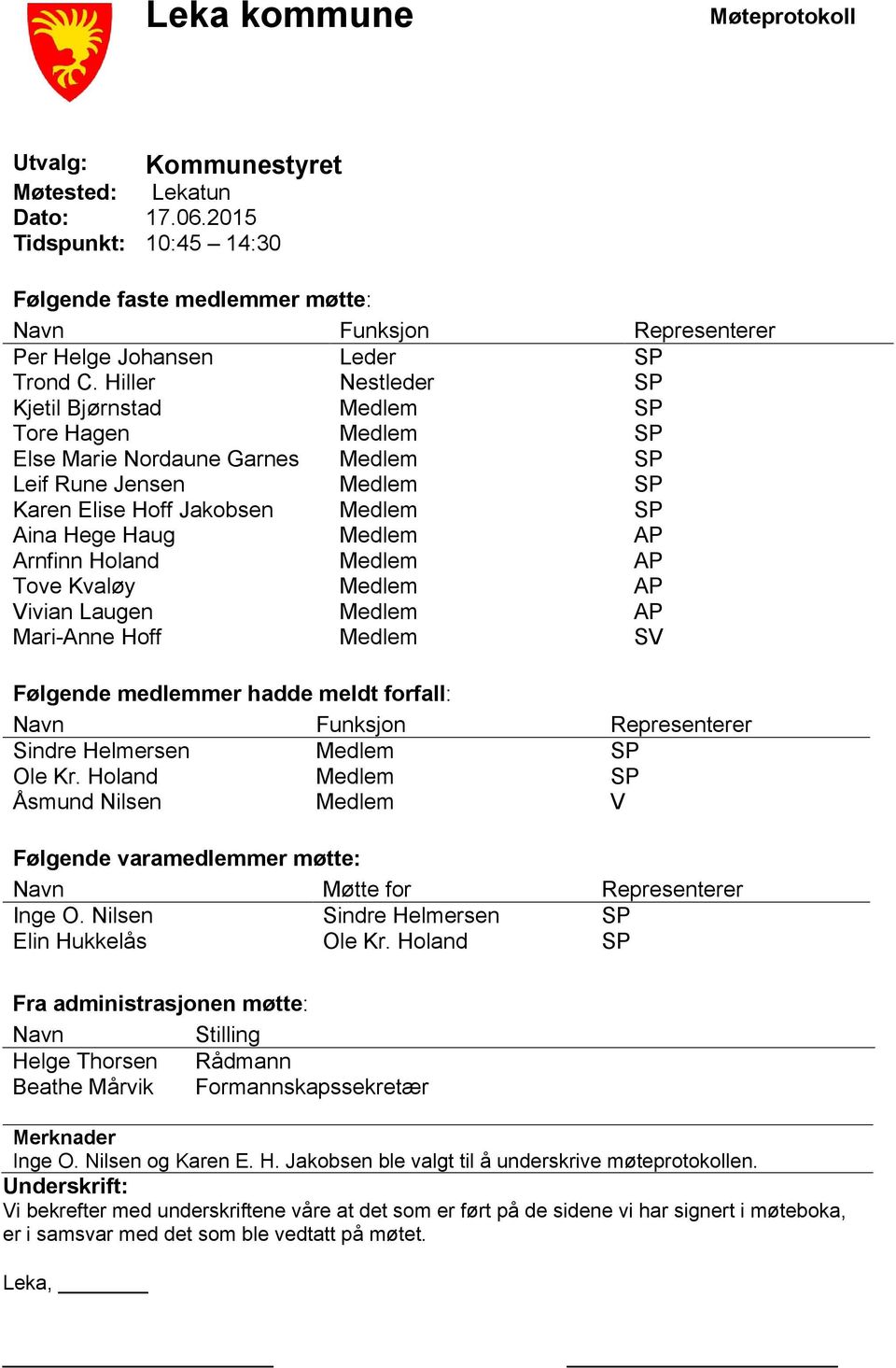 Tove Kvaløy Medlem AP Vivian Laugen Medlem AP Mari-Anne Hoff Medlem SV Følgende medlemmer hadde meldt forfall: Navn Funksjon Representerer Sindre Helmersen Ole Kr.