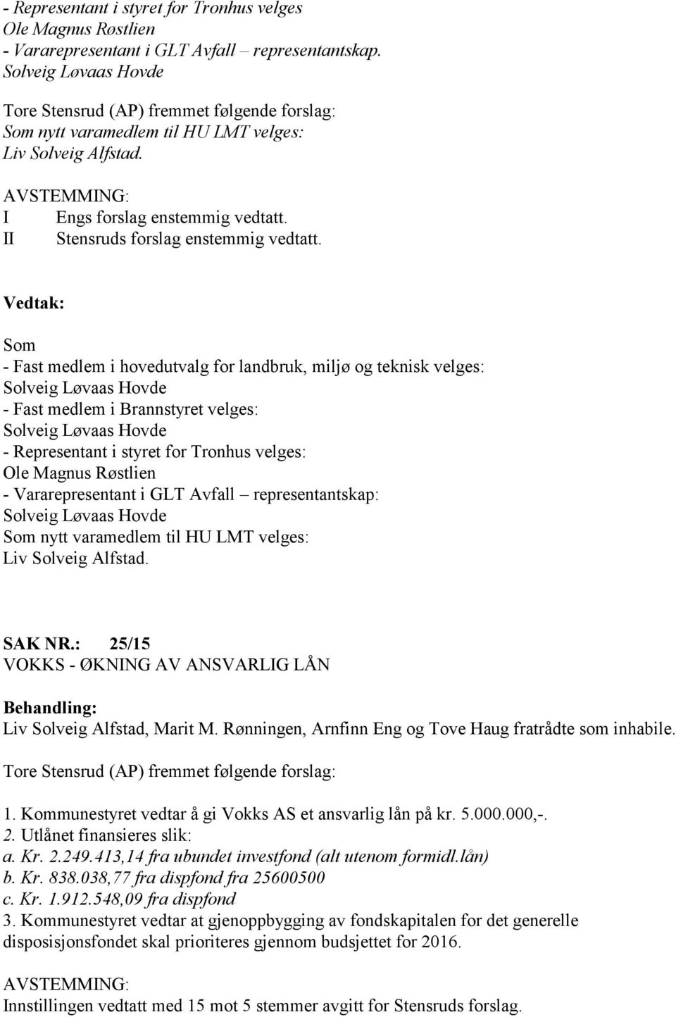 Som - Fast medlem i hovedutvalg for landbruk, miljø og teknisk velges: - Fast medlem i Brannstyret velges: - Representant i styret for Tronhus velges: Ole Magnus Røstlien - Vararepresentant i GLT