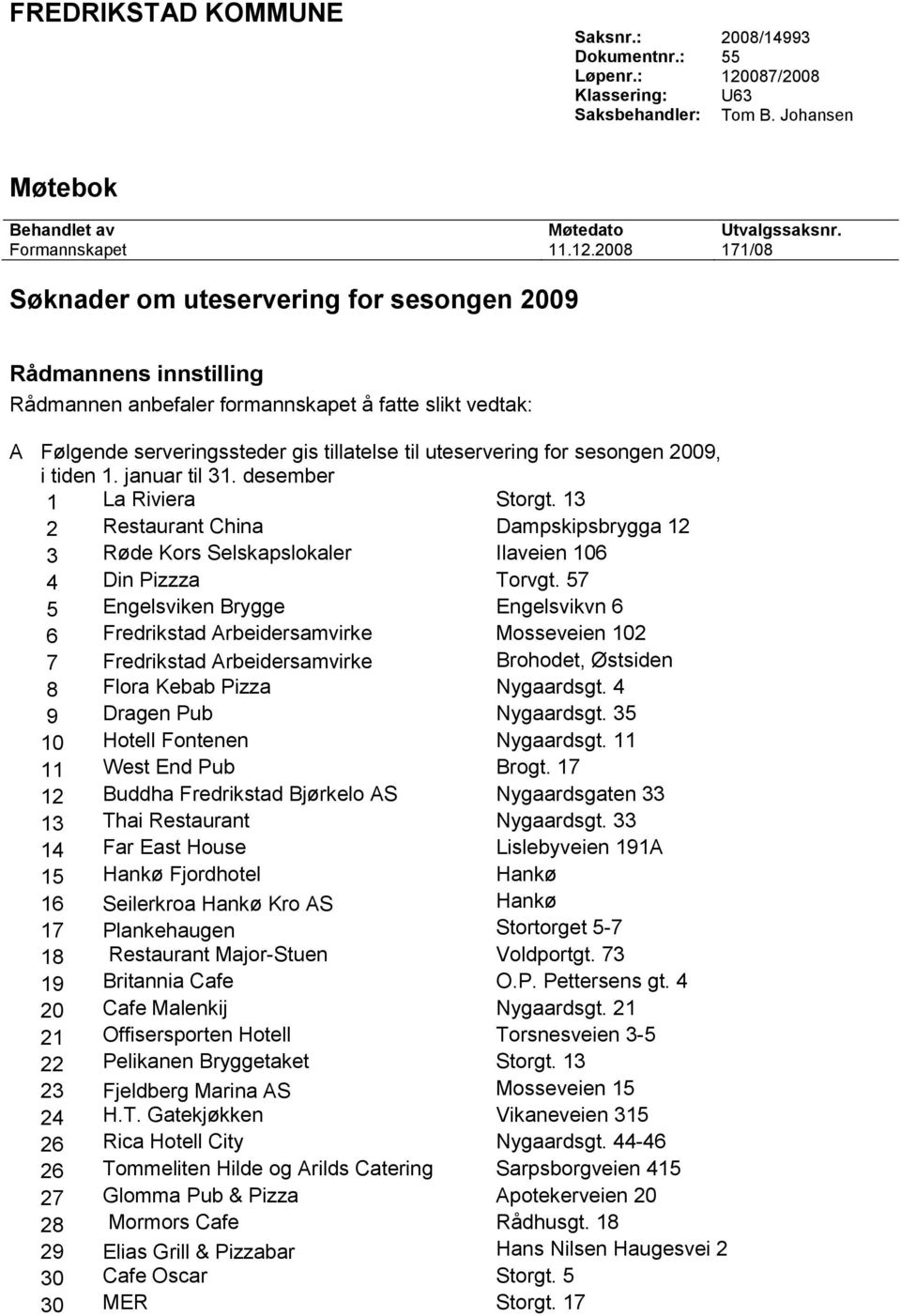 2008 171/08 Søknader om uteservering for sesongen 2009 Rådmannens innstilling Rådmannen anbefaler formannskapet å fatte slikt vedtak: A Følgende serveringssteder gis tillatelse til uteservering for