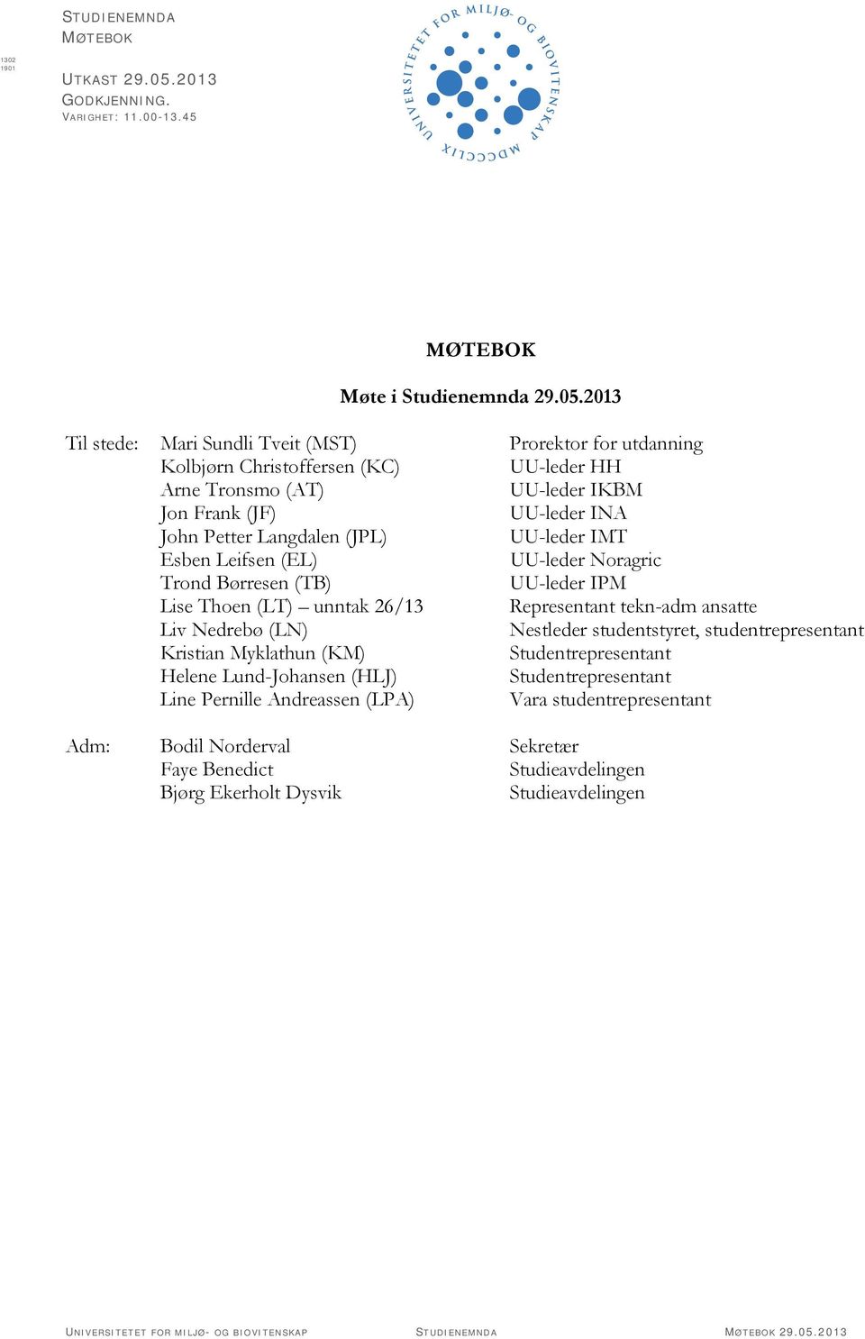 2013 Til stede: Mari Sundli Tveit (MST) Prorektor for utdanning Kolbjørn Christoffersen (KC) UU-leder HH Arne Tronsmo (AT) UU-leder IKBM Jon Frank (JF) UU-leder INA John Petter Langdalen (JPL)