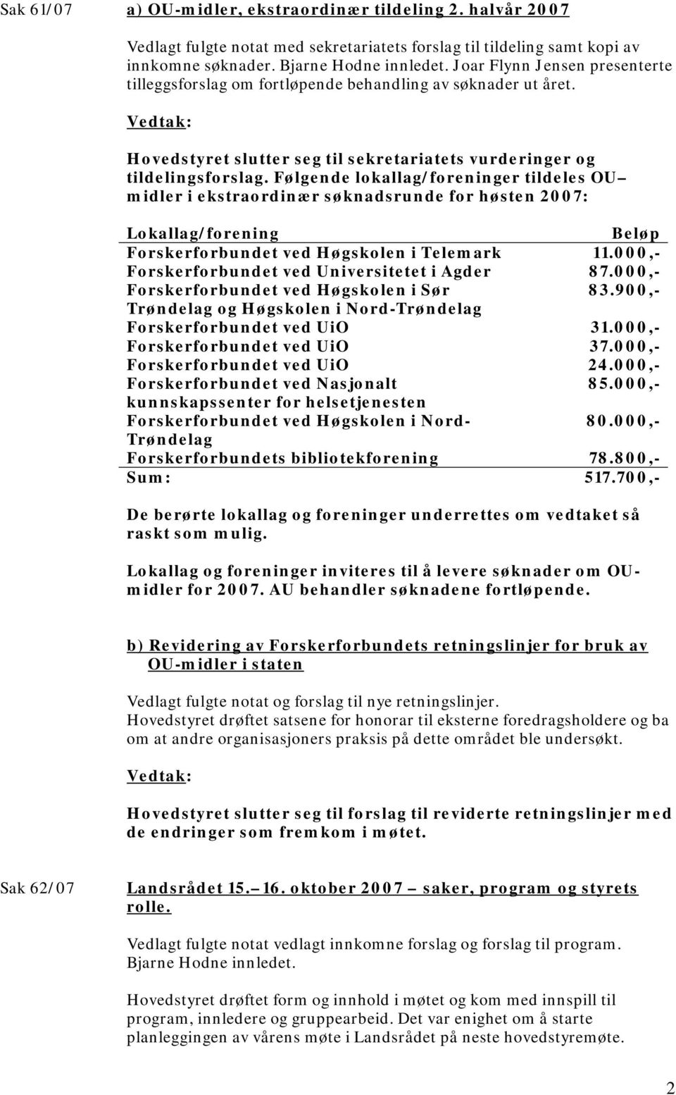 Følgende lokallag/foreninger tildeles OU midler i ekstraordinær søknadsrunde for høsten 2007: Lokallag/forening Beløp Forskerforbundet ved Høgskolen i Telemark 11.