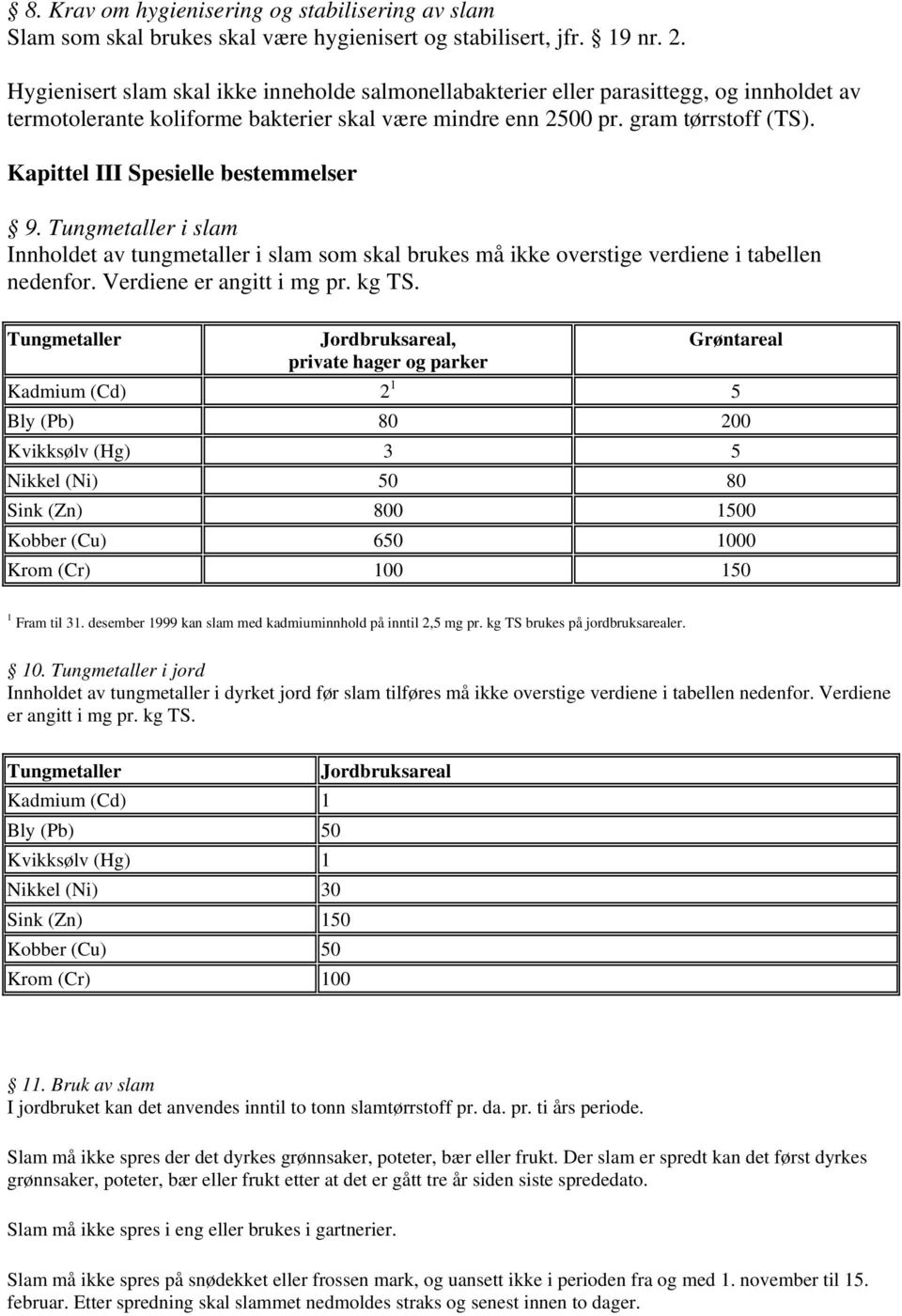 Kapittel III Spesielle bestemmelser 9. Tungmetaller i slam Innholdet av tungmetaller i slam som skal brukes må ikke overstige verdiene i tabellen nedenfor. Verdiene er angitt i mg pr. kg TS.