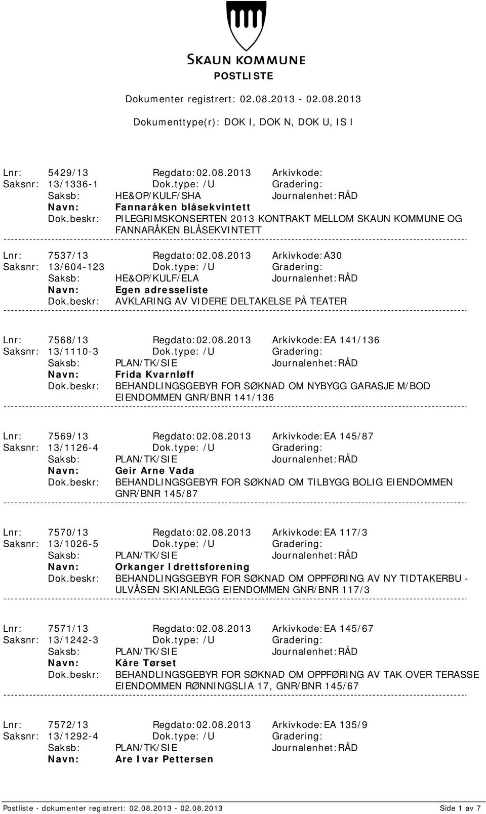 type: /U Gradering: Egen adresseliste AVKLARING AV VIDERE DELTAKELSE PÅ TEATER Lnr: 7568/13 Regdato:02.08.2013 Arkivkode:EA 141/136 Saksnr: 13/1110-3 Dok.