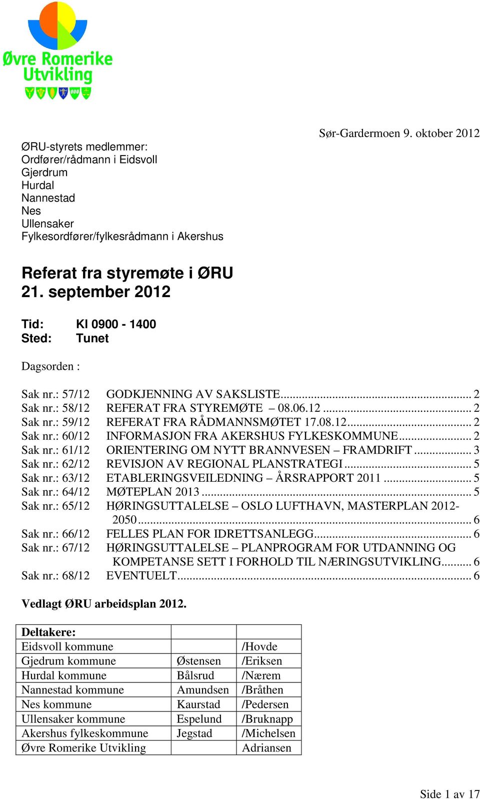 .. 2 Sak nr.: 61/12 ORIENTERING OM NYTT BRANNVESEN FRAMDRIFT... 3 Sak nr.: 62/12 REVISJON AV REGIONAL PLANSTRATEGI... 5 Sak nr.: 63/12 ETABLERINGSVEILEDNING ÅRSRAPPORT 2011... 5 Sak nr.: 64/12 MØTEPLAN 2013.