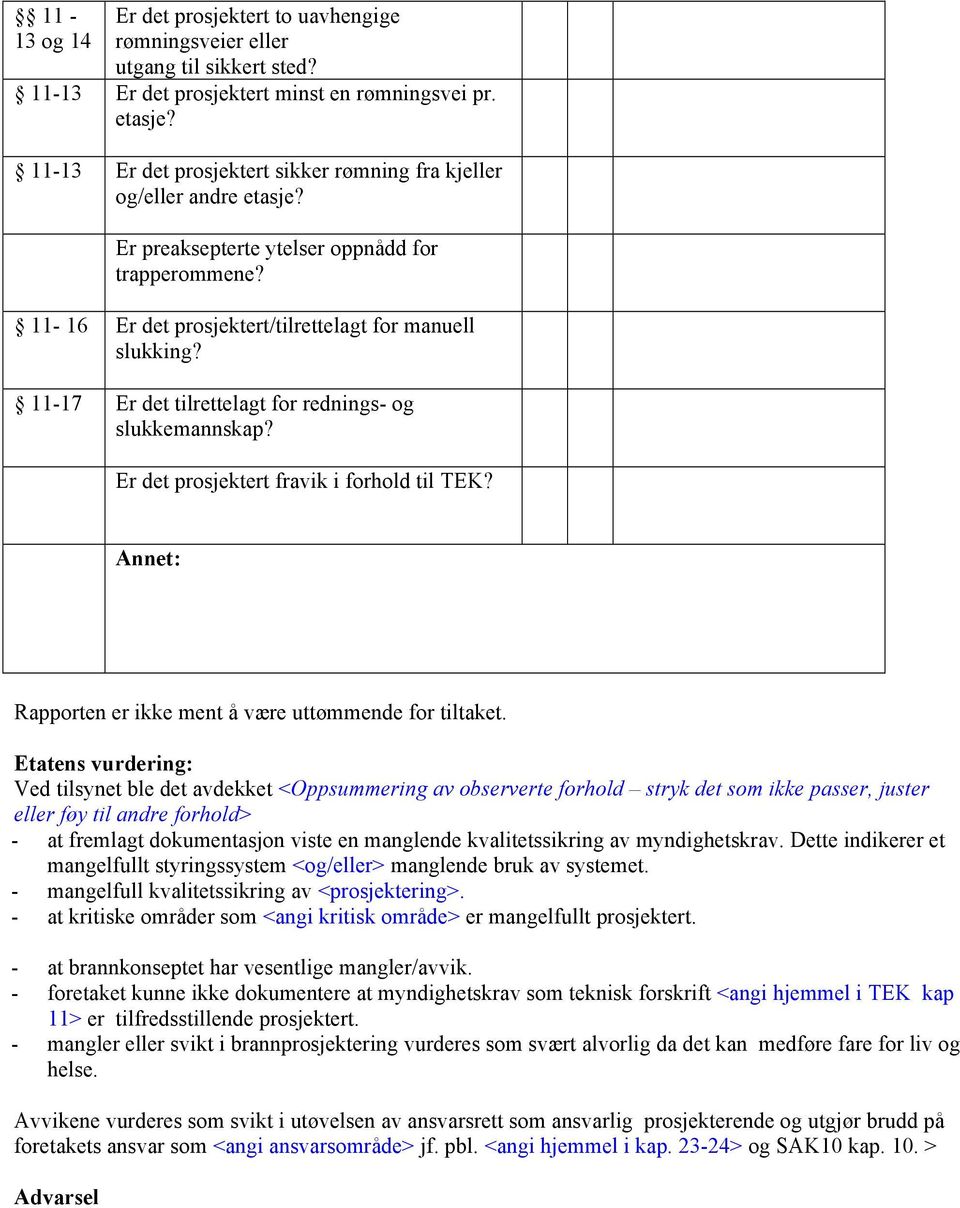 11-17 Er det tilrettelagt for rednings- og slukkemannskap? Er det prosjektert fravik i forhold til TEK? Annet: Rapporten er ikke ment å være uttømmende for tiltaket.