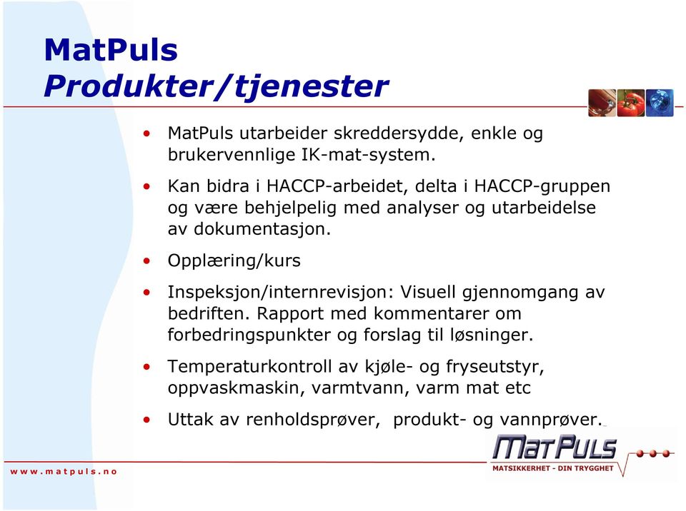 Opplæring/kurs Inspeksjon/internrevisjon: Visuell gjennomgang av bedriften.