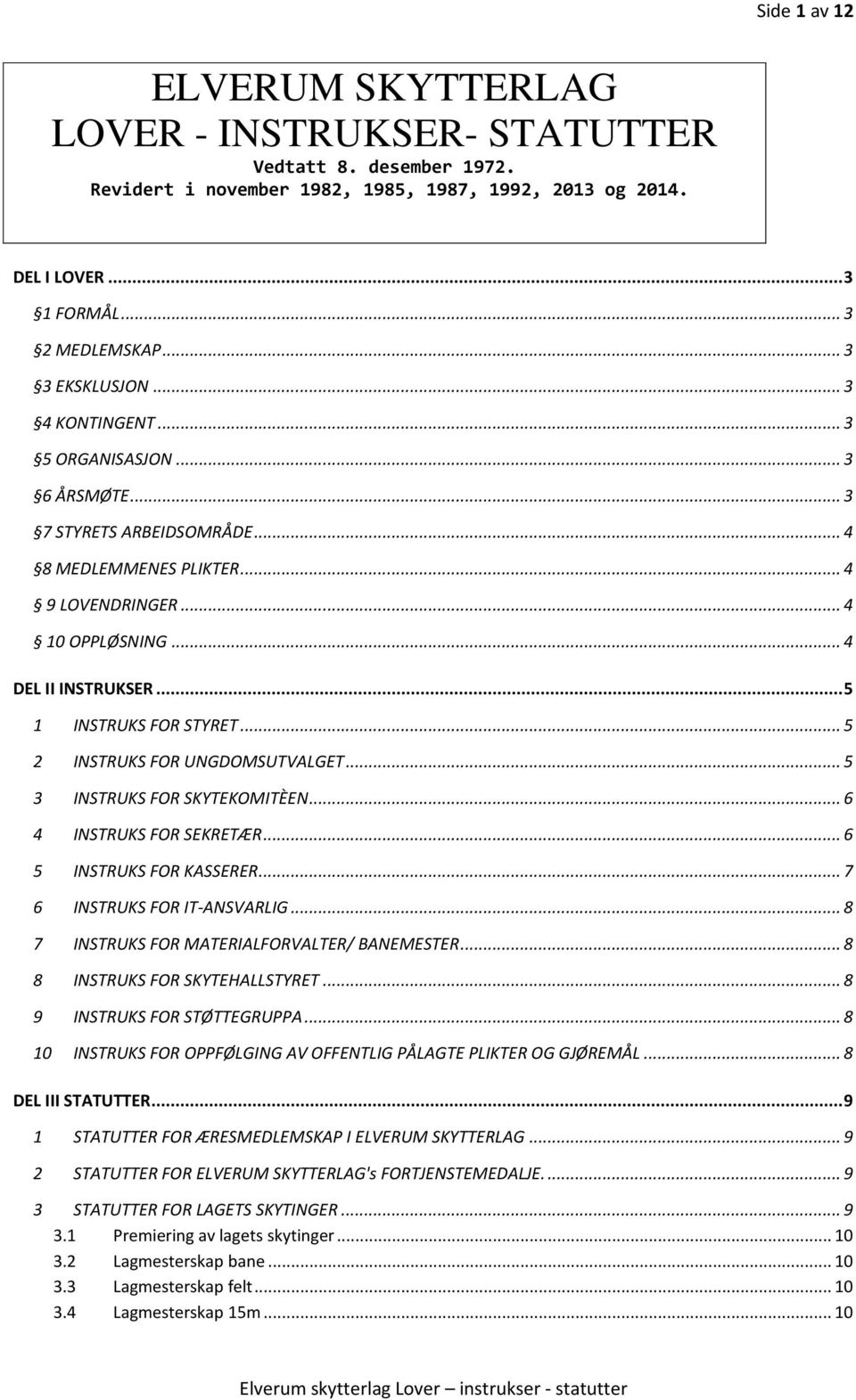 .. 5 1 INSTRUKS FOR STYRET... 5 2 INSTRUKS FOR UNGDOMSUTVALGET... 5 3 INSTRUKS FOR SKYTEKOMITÈEN... 6 4 INSTRUKS FOR SEKRETÆR... 6 5 INSTRUKS FOR KASSERER... 7 6 INSTRUKS FOR IT-ANSVARLIG.