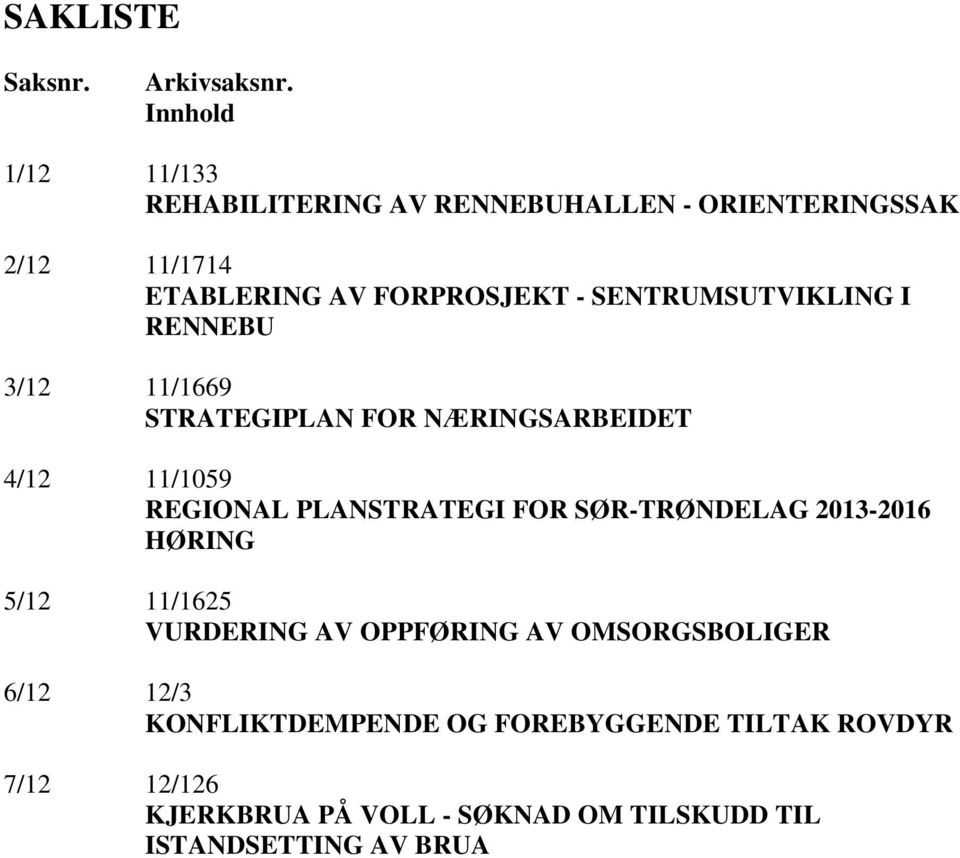 SENTRUMSUTVIKLING I RENNEBU 3/12 11/1669 STRATEGIPLAN FOR NÆRINGSARBEIDET 4/12 11/1059 REGIONAL PLANSTRATEGI FOR