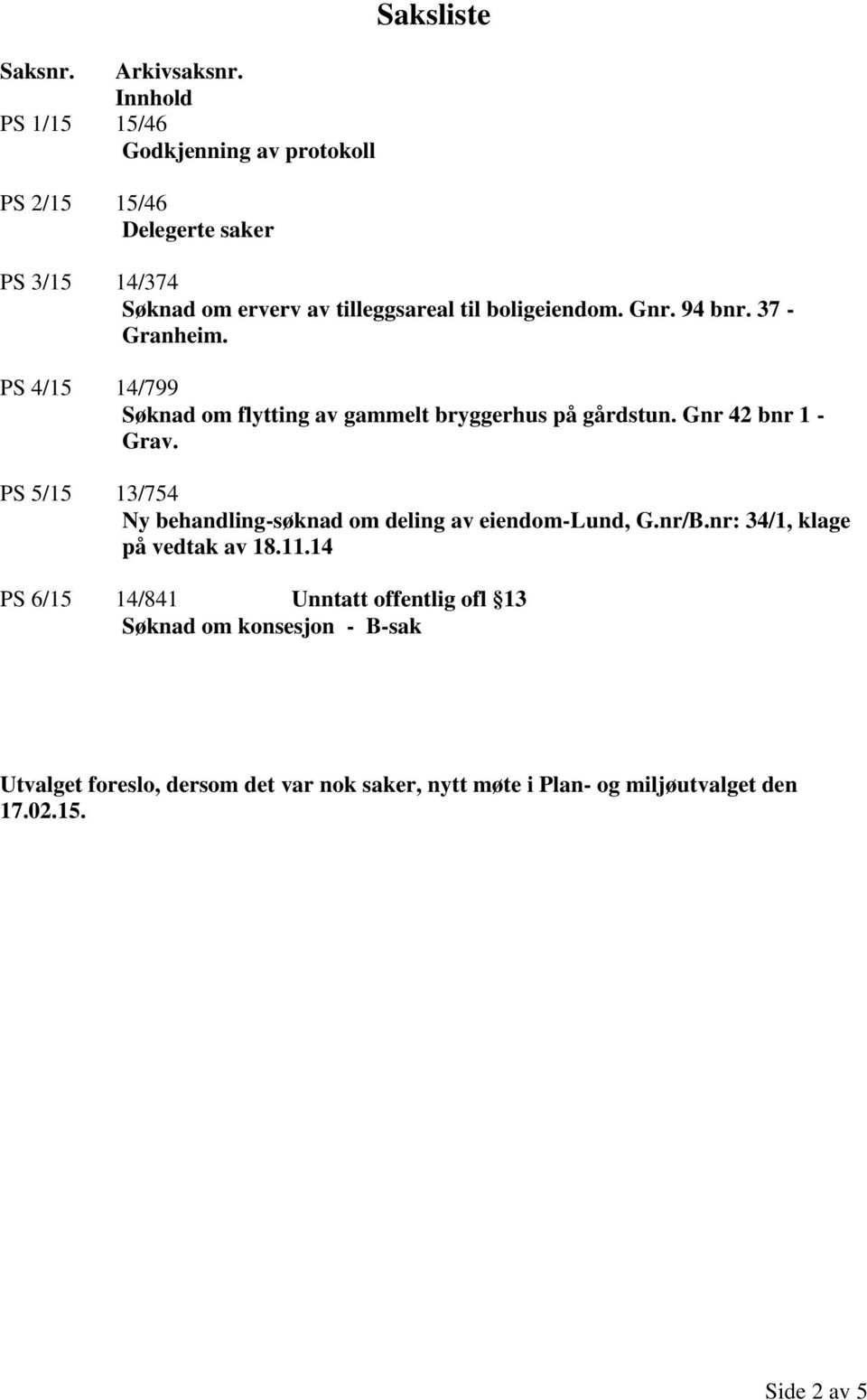 boligeiendom. Gnr. 94 bnr. 37 - Granheim. PS 4/15 14/799 Søknad om flytting av gammelt bryggerhus på gårdstun. Gnr 42 bnr 1 - Grav.