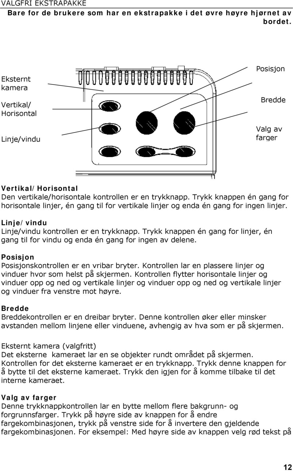 Trykk knappen én gang for horisontale linjer, én gang til for vertikale linjer og enda én gang for ingen linjer. Linje/vindu Linje/vindu kontrollen er en trykknapp.