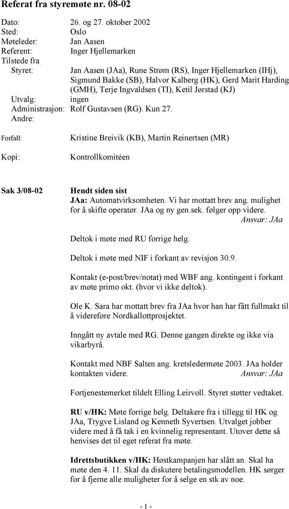 Gerd Marit Harding (GMH), Terje Ingvaldsen (TI), Ketil Jørstad (KJ) Utvalg: ingen Administrasjon: Rolf Gustavsen (RG). Kun 27.