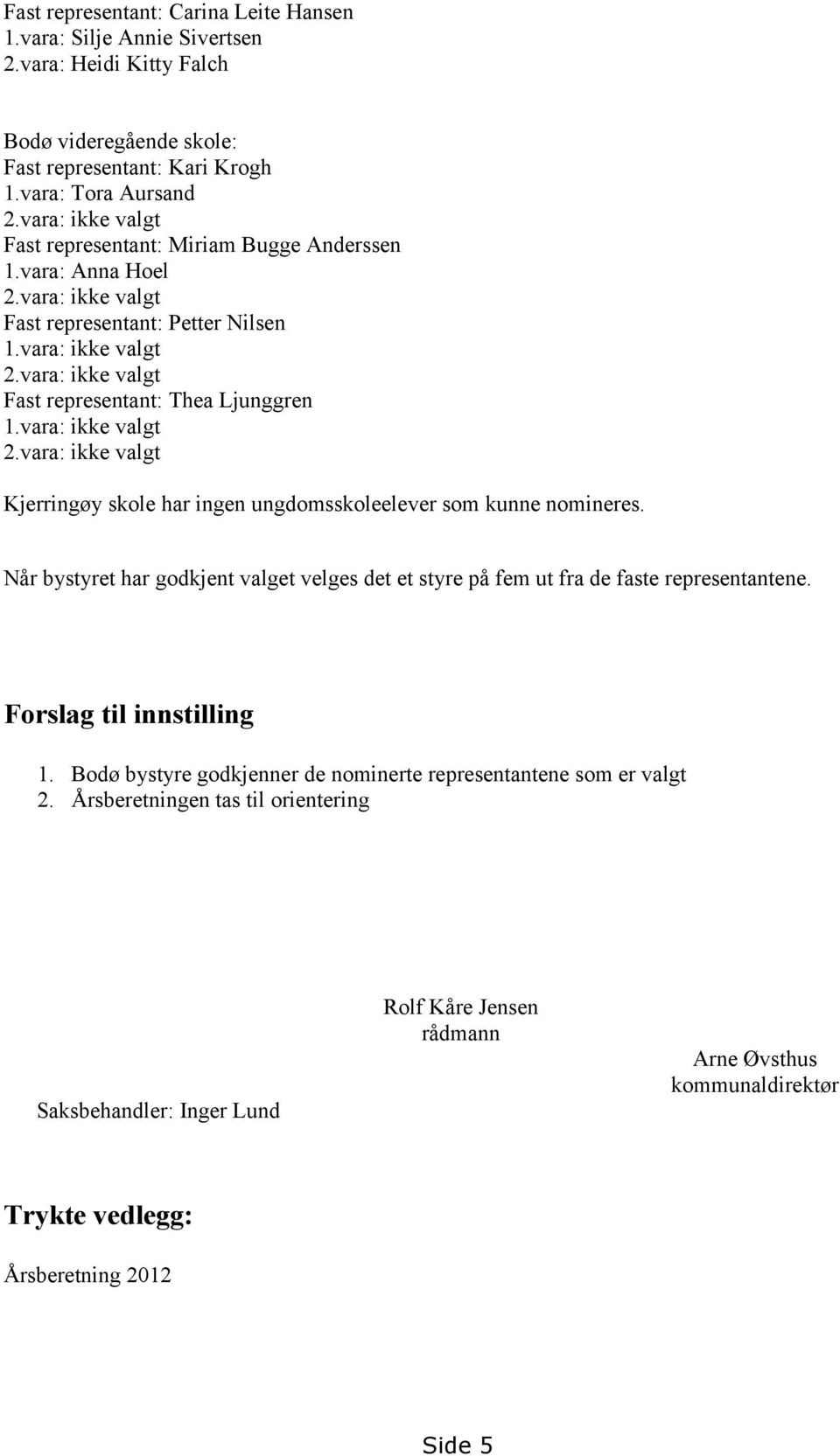 vara: ikke valgt Fast representant: Thea Ljunggren 1.vara: ikke valgt 2.vara: ikke valgt Kjerringøy skole har ingen ungdomsskoleelever som kunne nomineres.