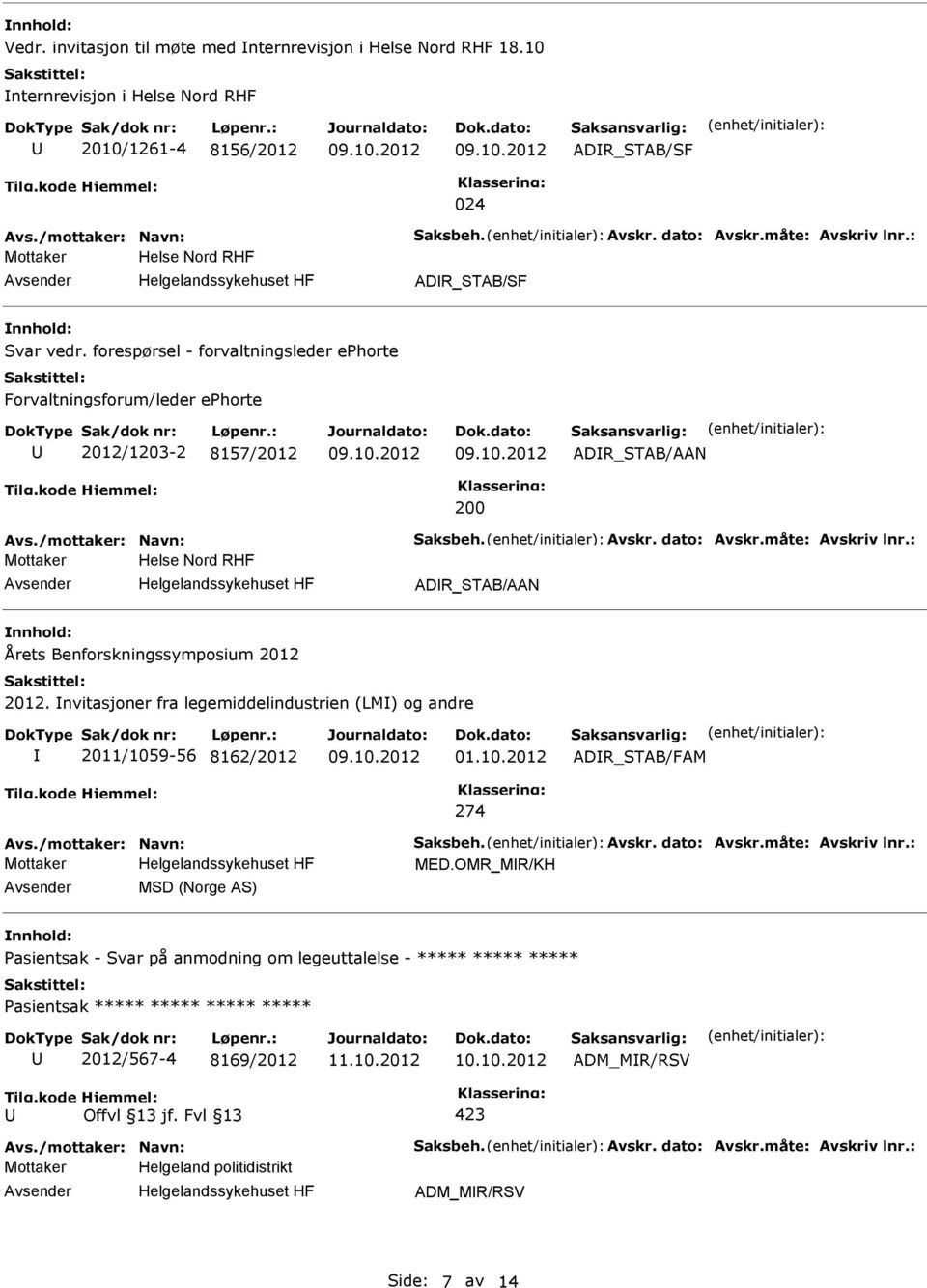 /mottaker: Navn: Saksbeh. Avskr. dato: Avskr.måte: Avskriv lnr.: Mottaker Helse Nord RHF ADR_STAB/AAN nnhold: Årets Benforskningssymposium 2012 2012.