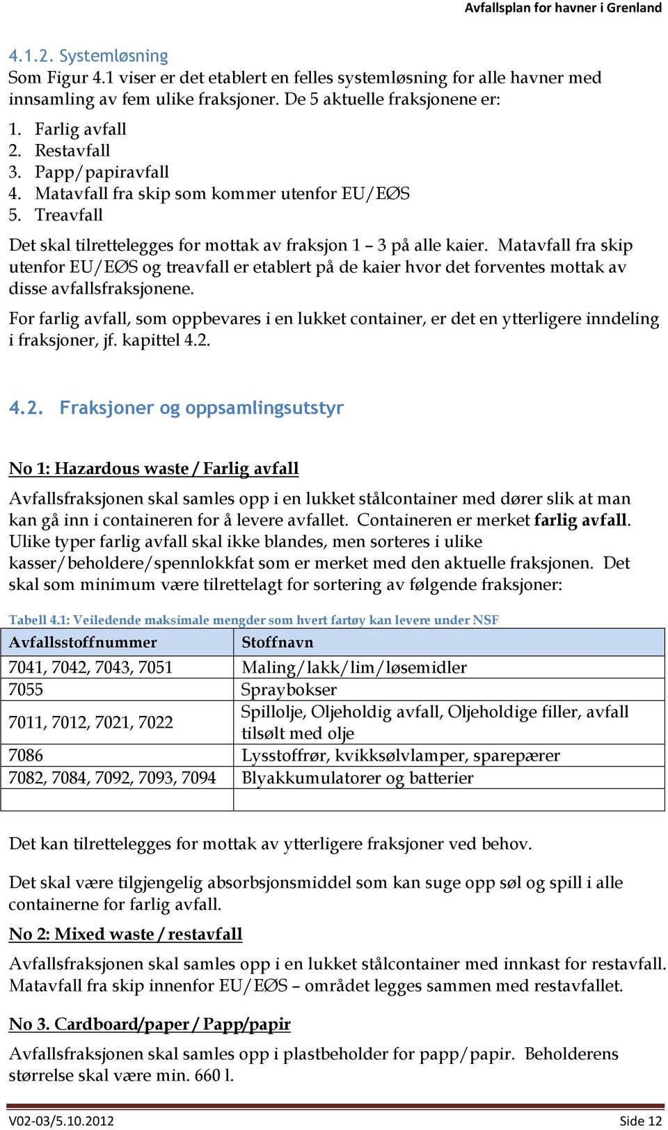 Matavfall fra skip utenfor EU/EØS og treavfall er etablert på de kaier hvor det forventes mottak av disse avfallsfraksjonene.