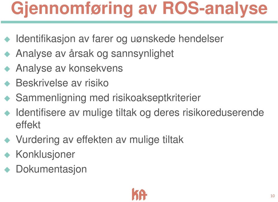 Sammenligning med risikoakseptkriterier Identifisere av mulige tiltak og deres