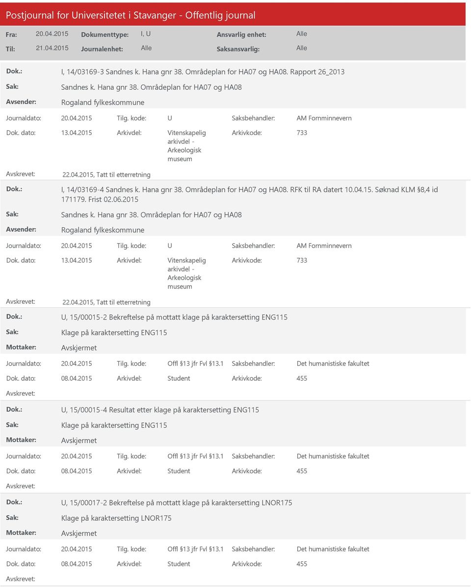 Frist 02.06.2015 Sandnes k. Hana gnr 38. Områdeplan for HA07 og HA08 Rogaland fylkeskommune Dok. dato: 13.04.