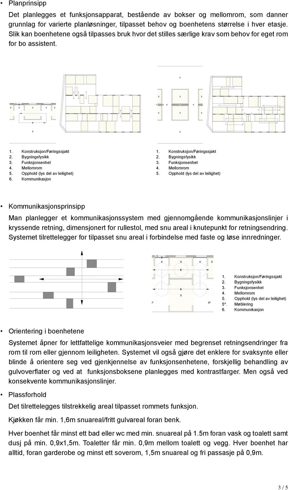 Kommunikasjon Kommunikasjonsprinsipp Man planlegger et kommunikasjonssystem med gjennomgående kommunikasjonslinjer i kryssende retning, dimensjonert for rullestol, med snu areal i knutepunkt for