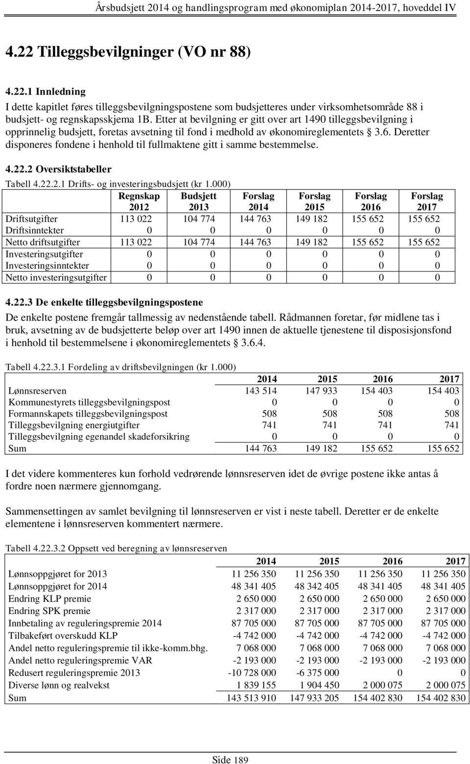 Deretter disponeres fondene i henhold til fullmaktene gitt i samme bestemmelse. 4.22.2 Oversiktstabeller Tabell 4.22.2.1 Drifts- og investeringsbudsjett (kr 1.