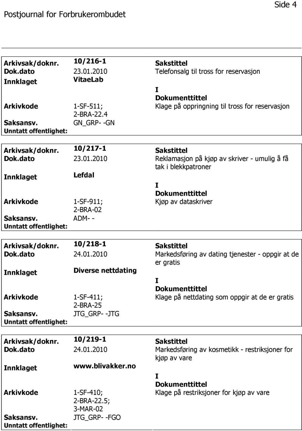 2010 Reklamasjon på kjøp av skriver - umulig å få tak i blekkpatroner nnklaget Lefdal 1-SF-911; 2-BRA-02 ADM- - Kjøp av dataskriver Arkivsak/doknr. 10/218-1 Sakstittel Dok.dato 24.01.2010 Markedsføring av dating tjenester - oppgir at de er gratis nnklaget Diverse nettdating 1-SF-411; 2-BRA-25 Klage på nettdating som oppgir at de er gratis JTG_GRP- -JTG Arkivsak/doknr.