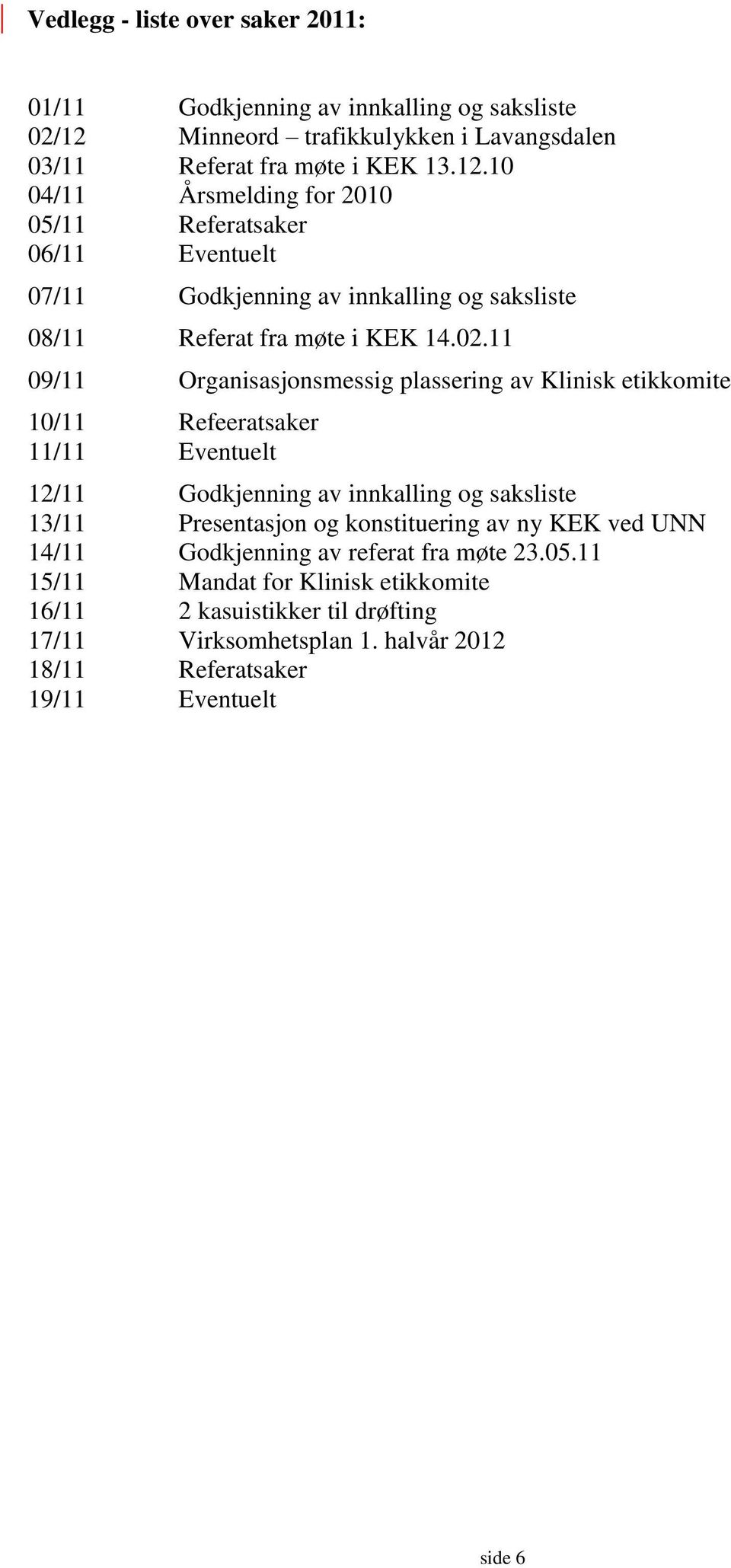 10 04/11 Årsmelding for 2010 05/11 Referatsaker 06/11 Eventuelt 07/11 Godkjenning av innkalling og saksliste 08/11 Referat fra møte i KEK 14.02.